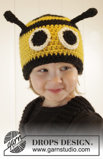 Bee Happy Hat / DROPS Extra 0-1014 - DROPS Karneval: Gehäkelte Bienen - Mütze für Babys und Kinder in DROPS Snow.