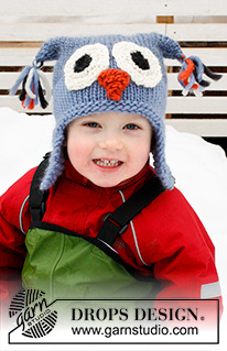 Otis / DROPS Extra 0-1017 - Gestrickte Eulen - Mütze  für Kinder in DROPS Snow mit Ohrenklappen. Größe 2-12 Jahre.