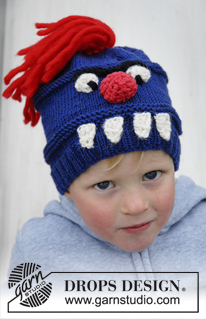 Tooth Monster / DROPS Extra 0-931 - Gestrickte Monster - Mütze für Kinder in DROPS Merino Extra Fine mit Zähnen, Nase, Augen und Haaren.