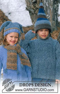 DROPS Children 12-7 - Gestrickter Pullover in DROPS Highlander und gefilzte Mütze in DROPS Alaska  für Kinder. Der Pullover wird kraus rechts mit Strukturmuster gestrickt, die Mütze wird glatt rechts mit Streifen gestrickt und gefilzt. Größe 3 - 14 Jahre.