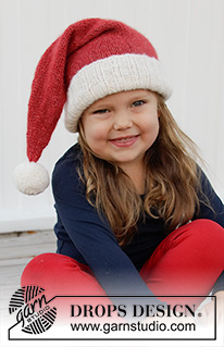 Sleepy Santa Hat / DROPS Children 32-21 - Gestrickte Nikolausmütze für Kinder in DROPS Air. Die Arbeit wird glatt rechts und mit Rippenmuster gestrickt. Größe 3 – 12 Jahre. Thema: Weihnachten.