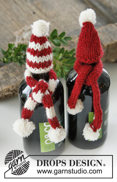 North Pole Pals / DROPS Extra 0-1001 - DROPS Christmas: Knitted DROPS hat and scarf bottle covers in ”Nepal”.
