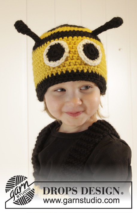 Bee Happy / DROPS Extra 0-1013 - Calças abelha em tricô e gorro abelha em croché às riscas para bebé e criança em DROPS Snow. Tamanhos 1 - 6 anos.