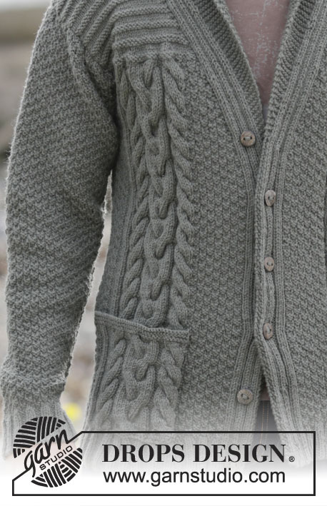 Finnley / DROPS Extra 0-1132 - DROPS pánský propínací svetr s copánkovým vzorem a šálovým límcem pletený z příze Lima.  Velikost: S-XXXL.