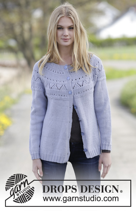 Lovely & Blue Cardigan / DROPS Extra 0-1151 - Knitted DROPS jacket with lace pattern, round yoke and seed st in ”Merino Extra Fine”. Size: S - XXXL.