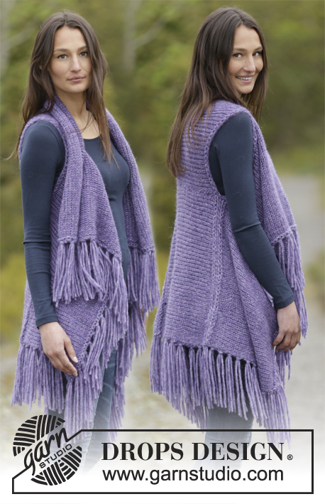 Frosted Violet / DROPS Extra 0-1158 - Knitted DROPS vest in stocking st with fringes, worked sideways in 1 thread Cloud or 2 threads Air. Size: S - XXXL.