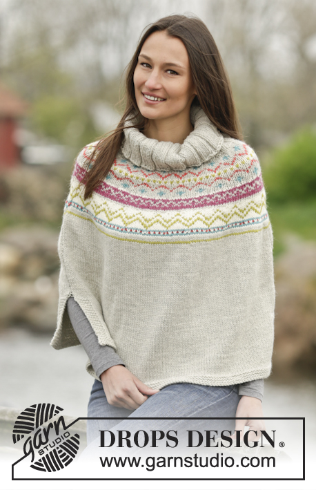 Neuqu / DROPS Extra 0-1164 - Knitted DROPS poncho with Nordic pattern in ”Nepal”. Size: S - XXXL.