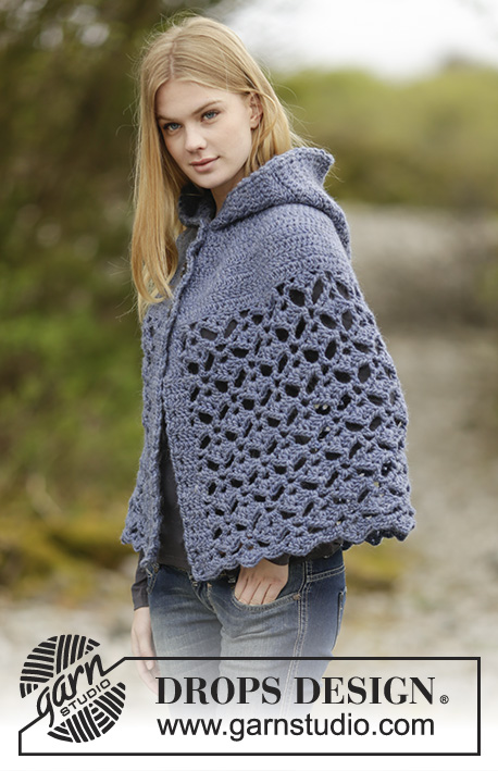 Erendruid / DROPS Extra 0-1166 - Crochet DROPS poncho with hood, fan pattern, worked top down in ”Andes”. Size: S - XXXL.
