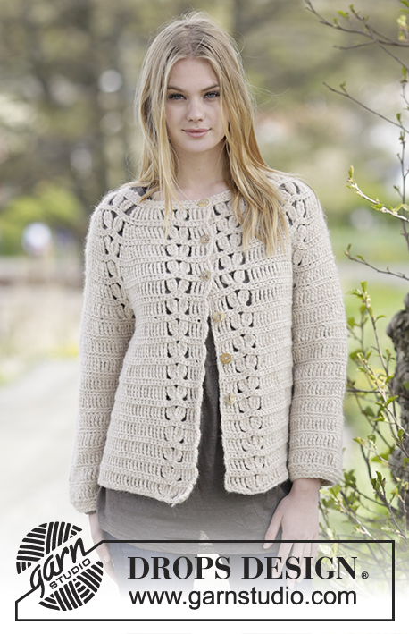 Priscilla Cardigan / DROPS Extra 0-1182 - Crochet DROPS jacket with raglan and lace pattern in ”Air”. The piece is worked top down. Size: S - XXXL.