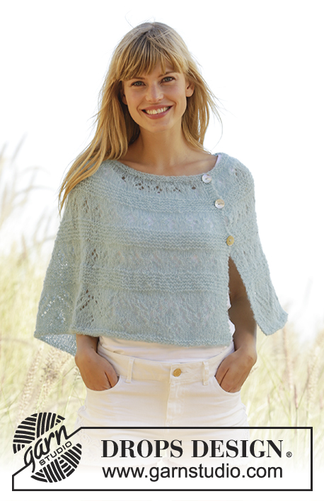 Summer Stream / DROPS Extra 0-1273 - Knitted DROPS poncho in garter st with lace pattern and buttons in the side, worked top down in ”Brushed Alpaca Silk”. Size S- XXXL