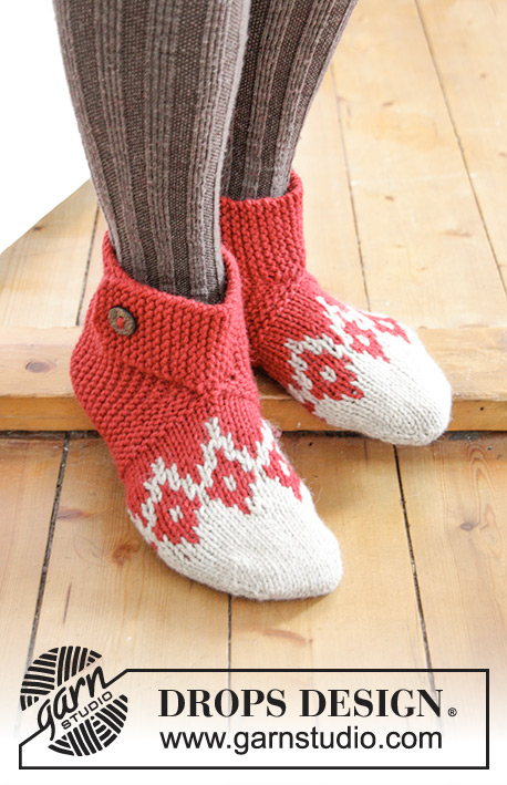Ruby Toes / DROPS Extra 0-1342 - Knitted slippers with Nordic pattern and ridges for Christmas in DROPS Nepal, worked from toe up.