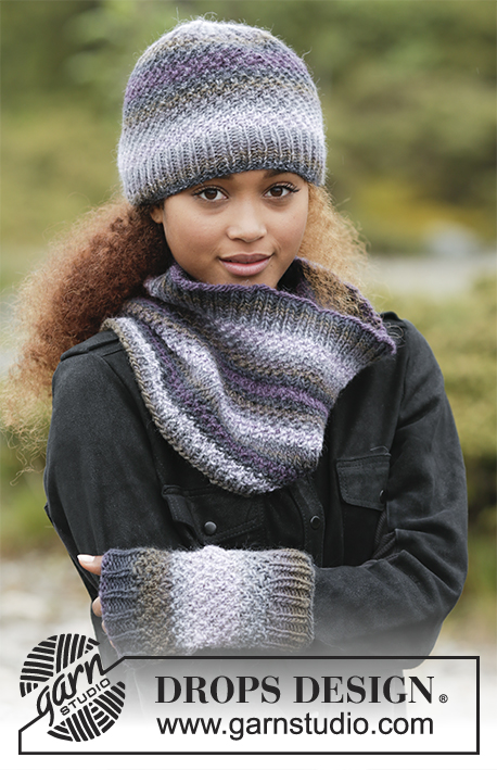 Sea Smoke / DROPS Extra 0-1370 - Set consists of: Knitted hat, neck warmer and wrist warmers with double moss stitch in DROPS Big Delight.