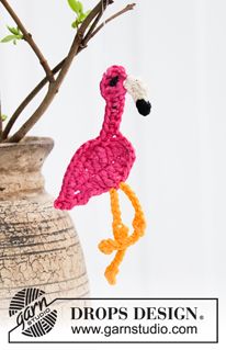 Dancing Flamingos / DROPS Extra 0-1454 - Crocheted Flamingo in DROPS Paris. Theme: Easter.
