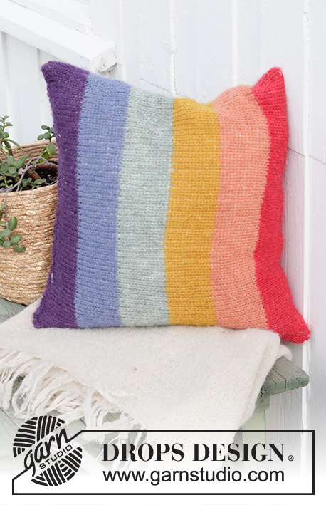 Rainbow Pillow / DROPS Extra 0-1487 - Knitted cushion cover with rainbow stripes in DROPS Brushed Alpaca Silk. Fits cushion size 50x50 cm.