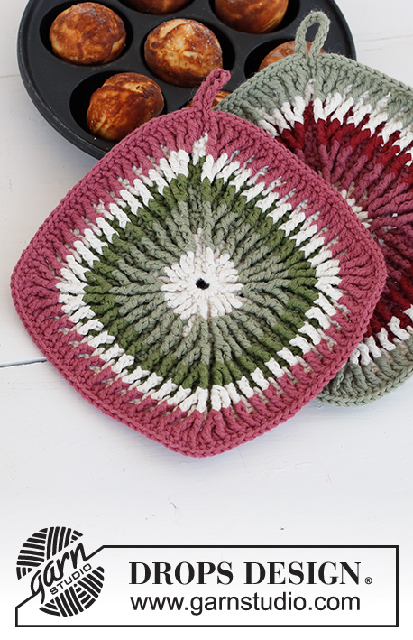 Seasons Comforts / DROPS Extra 0-1518 - Crocheted pot-holder in DROPS Paris. The piece is worked in the round with relief-pattern and stripes. Theme: Christmas.