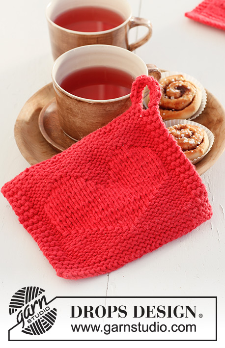 Heart of the Morning / DROPS Extra 0-1524 - Knitted pot-holders with hearts in 2 strands DROPS Paris. Theme: Valentine.