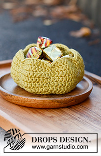 Pumpkin Bowl / DROPS Extra 0-1542 - Cesta a ganchillo en forma de calabaza en DROPS Merino Extra Fine. Tema: Halloween.