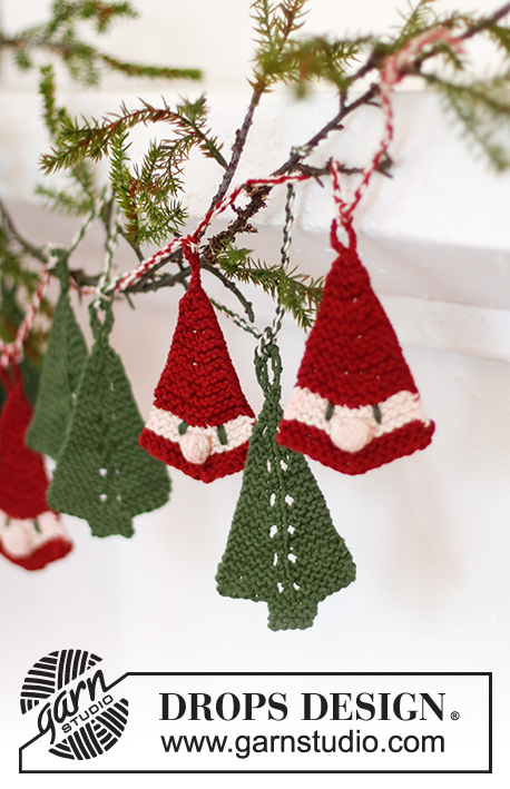 Forest Garland / DROPS Extra 0-1544 - Vánoční ozdoba – stromeček – pletená shora dolů vroubkovým vzorem z příze DROPS Paris. Motiv: Vánoce