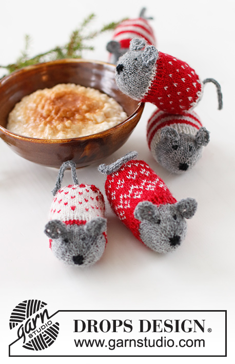 Christmas Mice / DROPS Extra 0-1548 - Knitted Mouses Christmas decoration, with Nordic pattern and stripes in DROPS Fabel. Theme: Christmas.