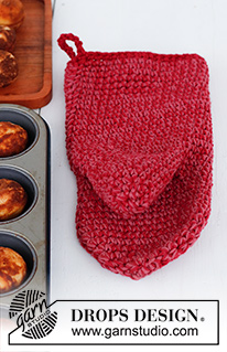 Holiday Mitts / DROPS Extra 0-1550 - Crocheted barbeque mitten in 2 strands DROPS Paris. Theme: Christmas.