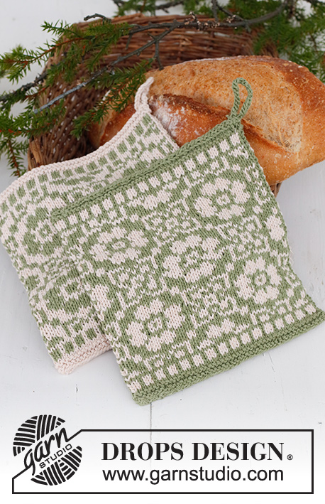 Forest Flowers / DROPS Extra 0-1552 - Knitted pot-holders with Nordic pattern in DROPS Belle. Theme: Christmas.