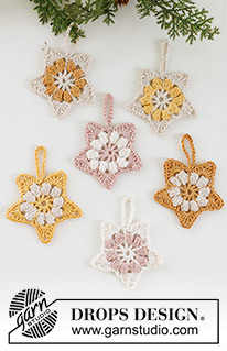 Blooming Stars / DROPS Extra 0-1581 - Crocheted stars Christmas decoration in DROPS Muskat. Theme: Christmas.