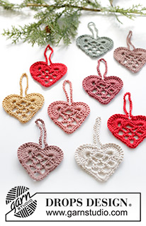 Give You My Heart / DROPS Extra 0-1586 - Serce / ozdoba świąteczna na szydełku, z włóczki DROPS Muskat. Temat: Boże Narodzenie.