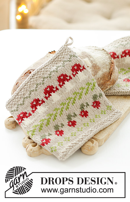 Mushroom Season Potholders / DROPS Extra 0-1603 - Chňapky s pestrobarevným norským vzorem s houbami a bobulemi pletené z příze DROPS Cotton Light. Motiv: Vánoce.