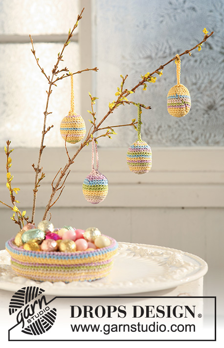 Candy Eggs / DROPS Extra 0-500 - Huevo de Pascua DROPS y Cesta de Pascua DROPS en ganchillo con ”Muskat” y ”Glitter”.
