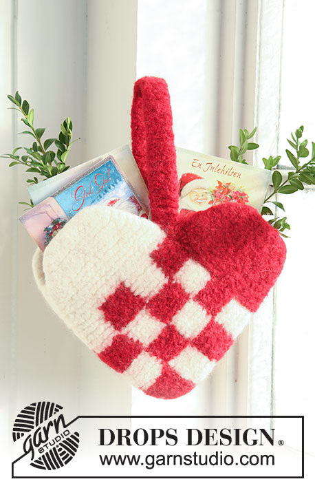 Danish Heart / DROPS Extra 0-516 - Knitted and felted Christmas basket in DROPS Snow. Piece is worked as a heart. Theme: Christmas