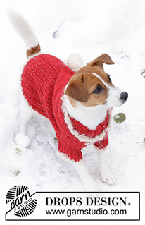 Santa's BFF / DROPS Extra 0-521 - Knitted dog sweater in DROPS Alpaca and DROPS Puddel or Melody. The piece is worked from neck to tail with rib, hood and crocheted edges. Sizes XS - M. Theme: Christmas