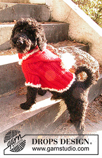 Santa's BFF / DROPS Extra 0-521 - Knitted dog sweater in DROPS Alpaca and DROPS Puddel or Melody. The piece is worked from neck to tail with rib, hood and crocheted edges. Sizes XS - M. Theme: Christmas