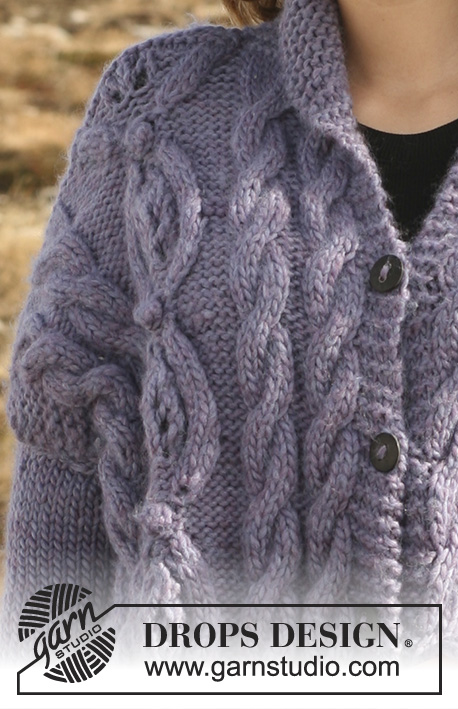 Purple Mountain / DROPS Extra 0-554 - Long DROPS jacket in ”Snow” with cables. Size S to XXXXL .