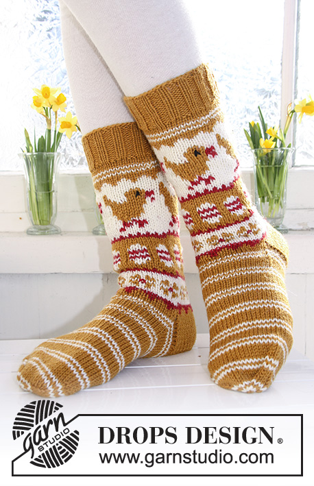 Pio Pio / DROPS Extra 0-625 - Knitted DROPS socks in ”Karisma” with Easter pattern. Size 32-43.