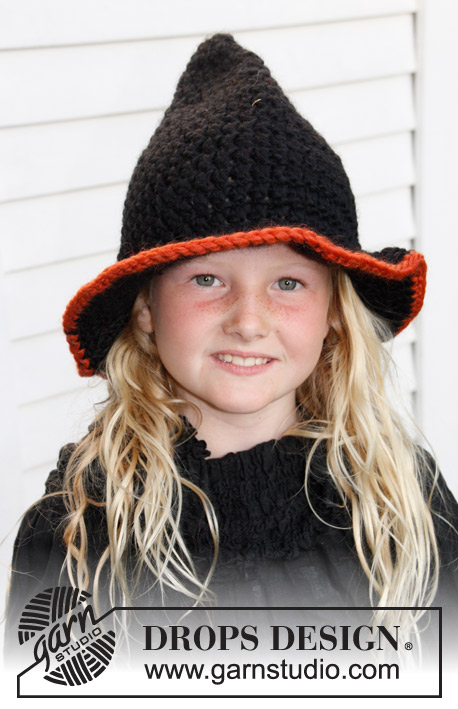 Merlina / DROPS Extra 0-779 - Cappello da strega per bambini lavorato all'uncinetto in DROPS Snow. Taglie: 3-14 anni. Tema: Halloween.