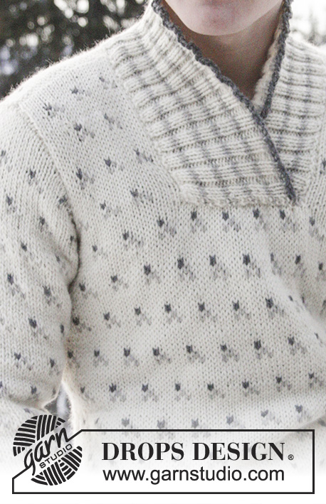 Ocelot / DROPS Extra 0-808 - Pletený DROPS pánský svetr se vzorem a šálovým límcem z   příze „Nepal“. Velikost S – XXXL.