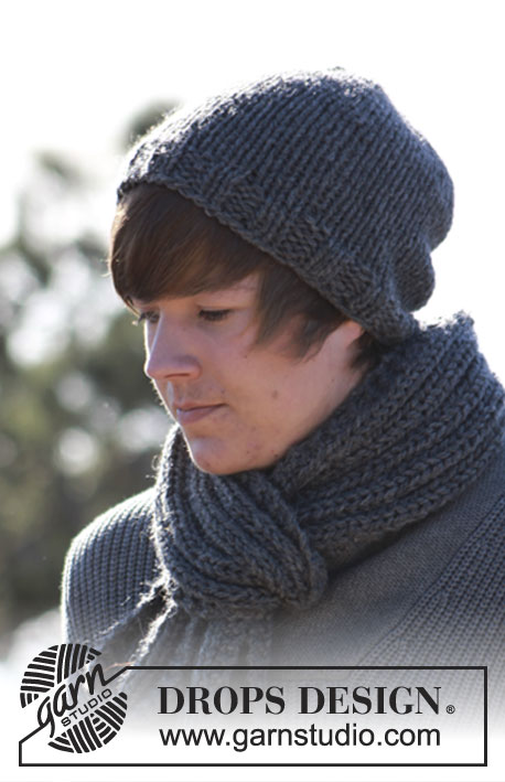 Rover Hat / DROPS Extra 0-818 - Basic DROPS men's hat in stocking st and scarf in rib in ”Andes”.