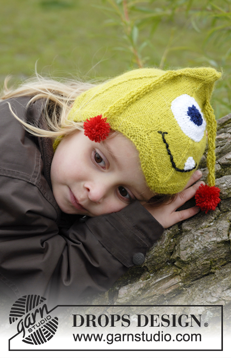 Eye Smile / DROPS Extra 0-932 - Stickad mössa till barn i DROPS Alpaca. Mössan stickas som monstermössa med ögon, mun och antenner. Storlek 0-4 år.