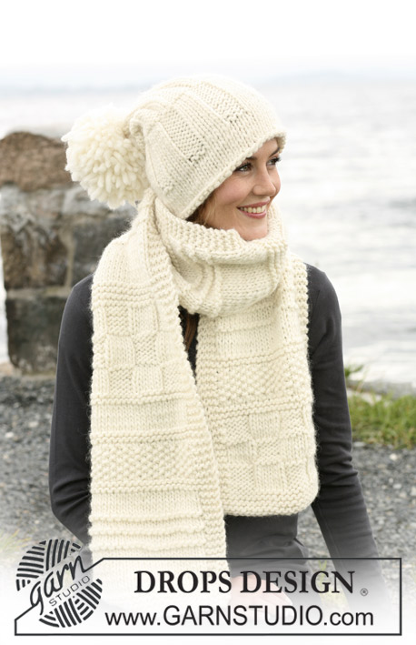 DROPS 102-12 - DROPS textured scarf and hat with large pompom in ”Snow” 