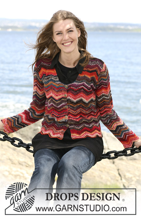 Felicia Smiles / DROPS 104-1 - Colorful DROPS cardigan in ”Fabel” with zig-zag pattern, sizes S to XXXL 