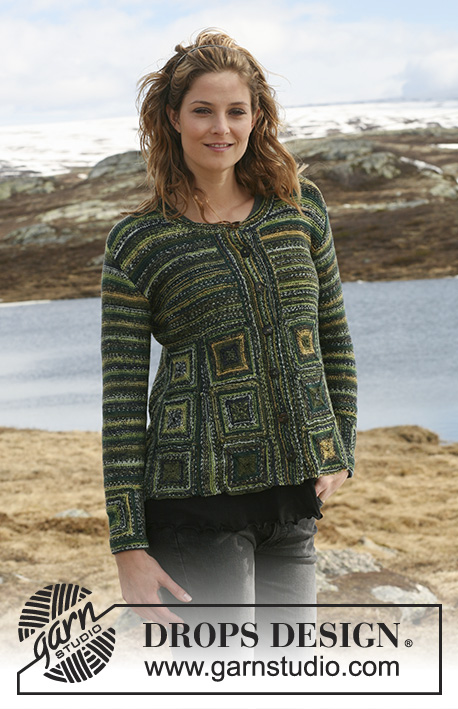 Forest Emeralds / DROPS 114-1 - Rozpinany sweter na drutach, z kwadratami, z włóczki DROPS Fabel. Od S do XXXL.