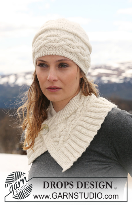Alpine Twist Set / DROPS 114-5 - DROPS hat with cables and neck warmer with cables and buttoned at front in ”Classic Alpaca” or Puna.