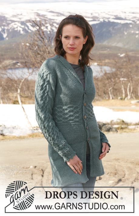 DROPS 115-23 - Long DROPS jacket in ”Classic Alpaca” with cables and crochet cuffs. Size S to XXXL. 