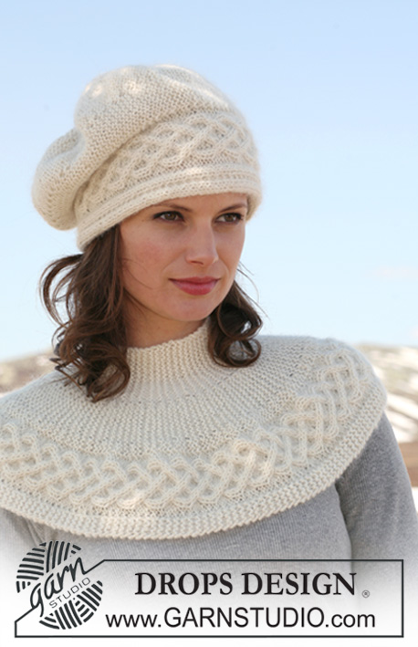 Twine Love / DROPS 115-32 - DROPS Basque hat and shoulder wrap with cables knitted from side to side in ”Alpaca” and ”Kid-Silk”.  