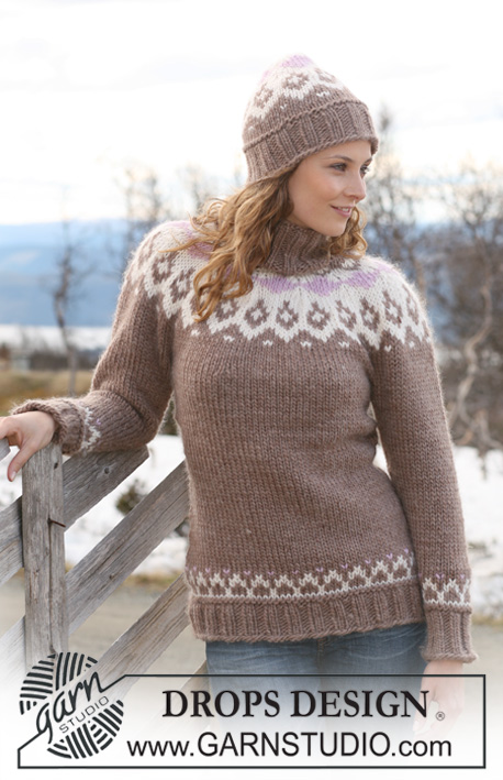 DROPS 116-50 - Knitted DROPS jumper with round yoke and hat in ”Snow ”. Size S-XXXL.