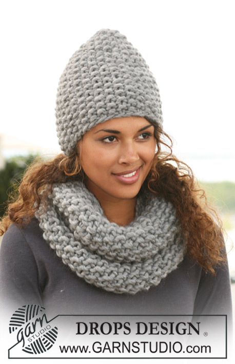 Perlina / DROPS 122-36 - Set comprises: DROPS hat and neck warmer in seed st in Polaris” or Andes.