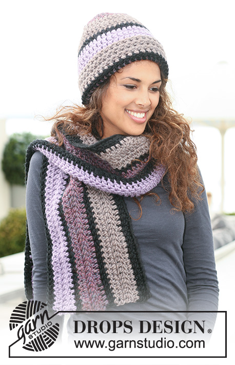 Frosting / DROPS 125-32 - Set comprises: Crochet DROPS hat and scarf with stripes in ”Snow”. 