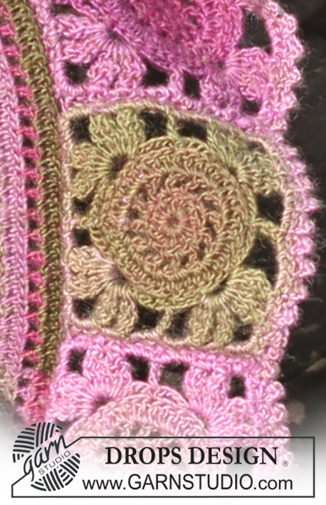 Rose Parade / DROPS 126-8 - Crochet DROPS bolero in ”Delight” with crochet squares round the edge. Size S to XXXL
