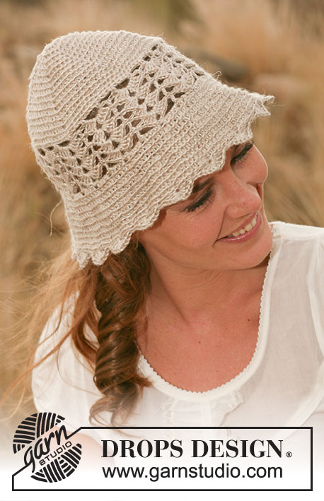 Eliza / DROPS 127-43 - Crochet DROPS hat with fan pattern in Lin.