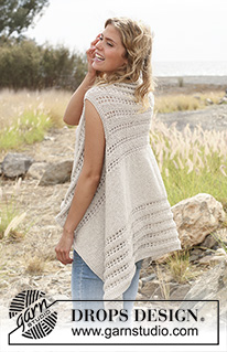 Wheatfield Vest / DROPS 129-23 - Knitted DROPS vest with lace pattern worked sideways in Bomull-Lin. Size: S - XXXL. 